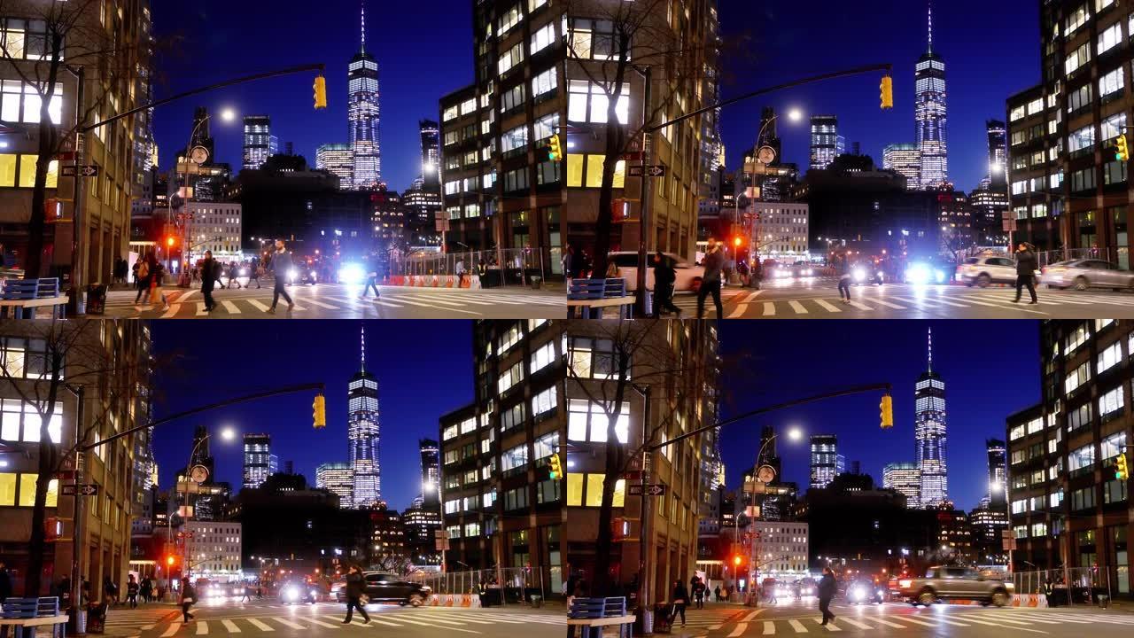 纽约夜街。市区。WTC