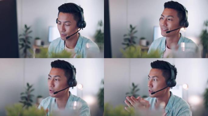 呼叫中心，客户服务和亚洲男子电话销售顾问进行在线咨询。办公室、耳机和男性电子商务销售代表在工作场所提