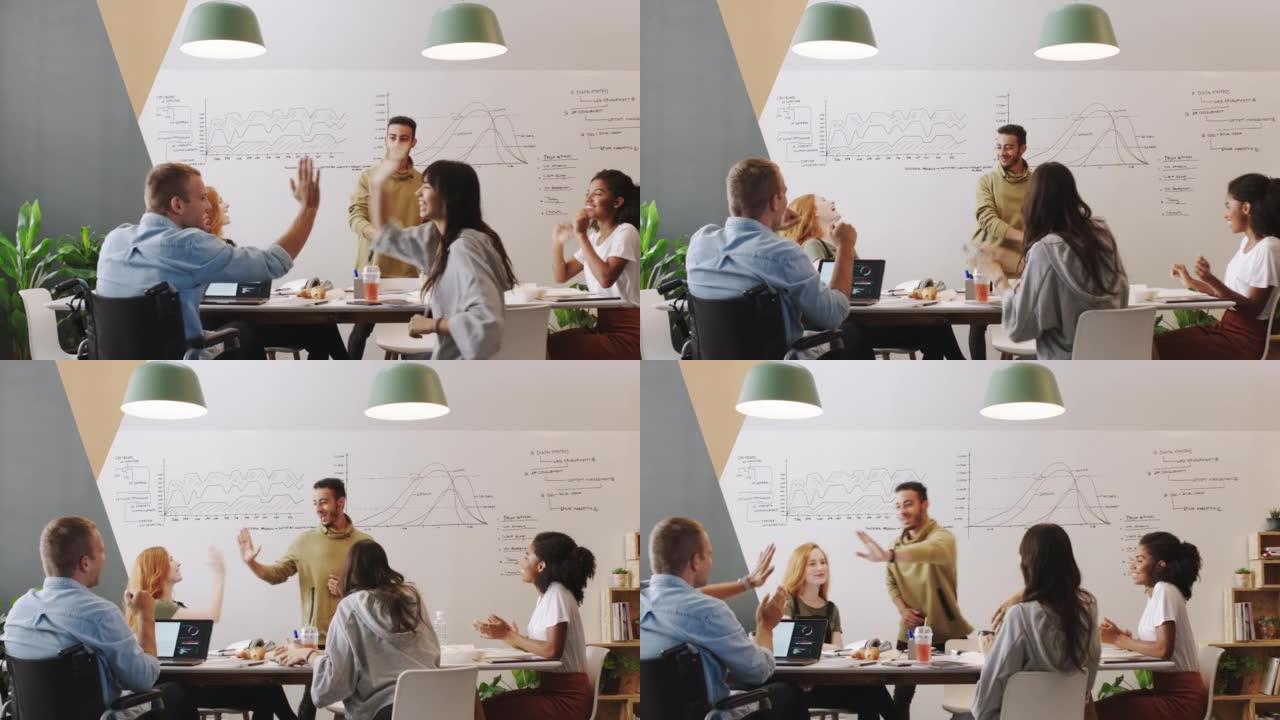 商务人士高五，团队经理舞蹈和数据分析，在白板上进行图形分析，以获取公司利润。营销统计导师，领导者或教