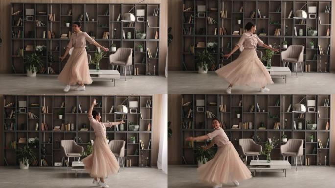 印度女性独自在现代客厅跳舞