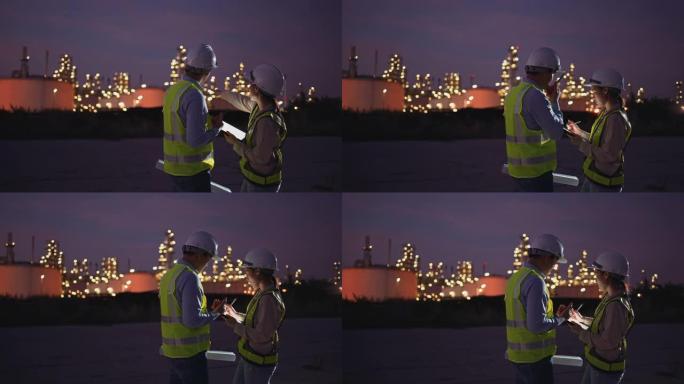 两名检查工程师在夜间与石油工厂和天然气精炼厂行业的笔记本电脑一起工作，以进行检查员安全质量控制