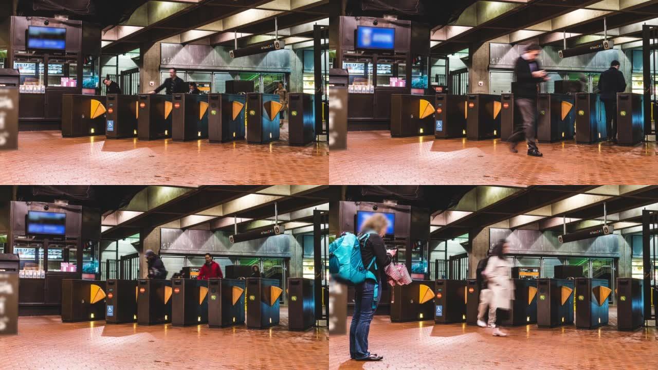 在地铁站步行的乘客和游客的时间流逝人群