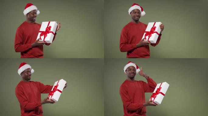 一个戴着圣诞帽和红色针织毛衣的黑皮肤男人转身从四面八方检查礼品盒
