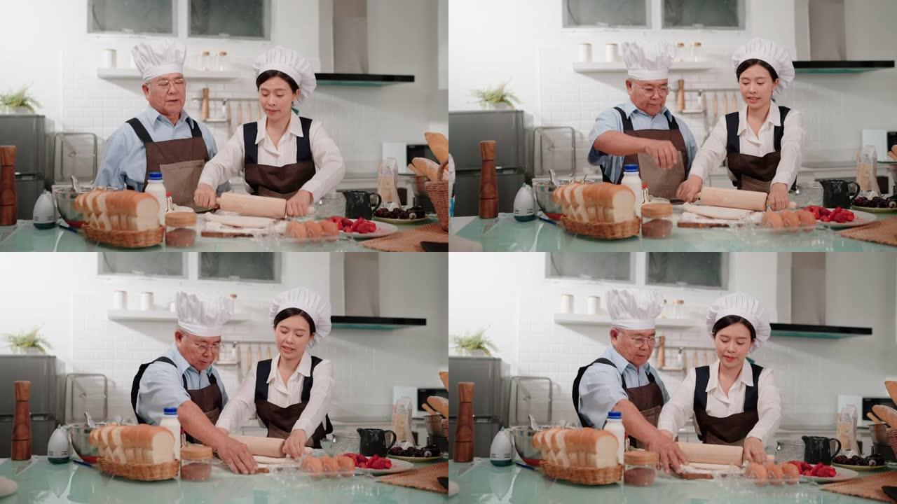 高级面包店老师教女人烤蛋糕。