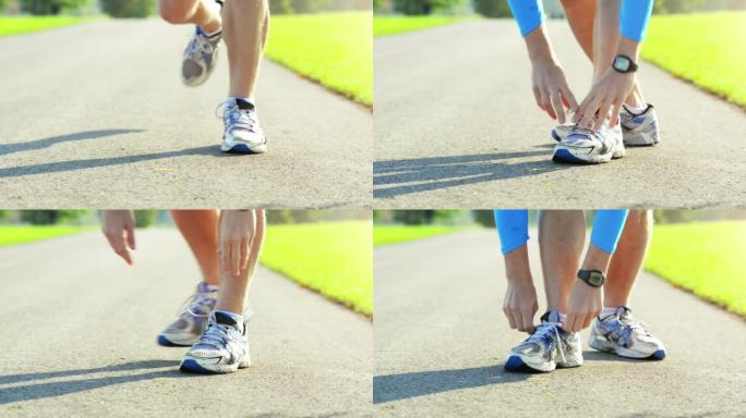 4k视频片段，一名男子在跑步时系鞋带