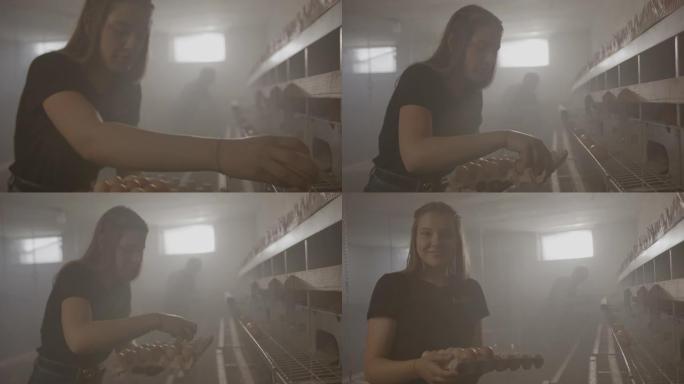 一个女孩的SLO MO肖像在鸡舍里捡鸡蛋