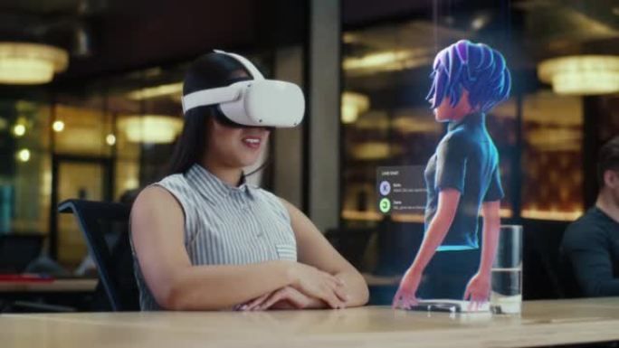 戴VR耳机的亚洲女性通过全息图与卡通人物交流