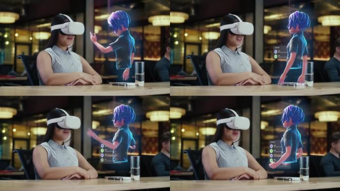 戴VR耳机的亚洲女性通过全息图与卡通人物交流