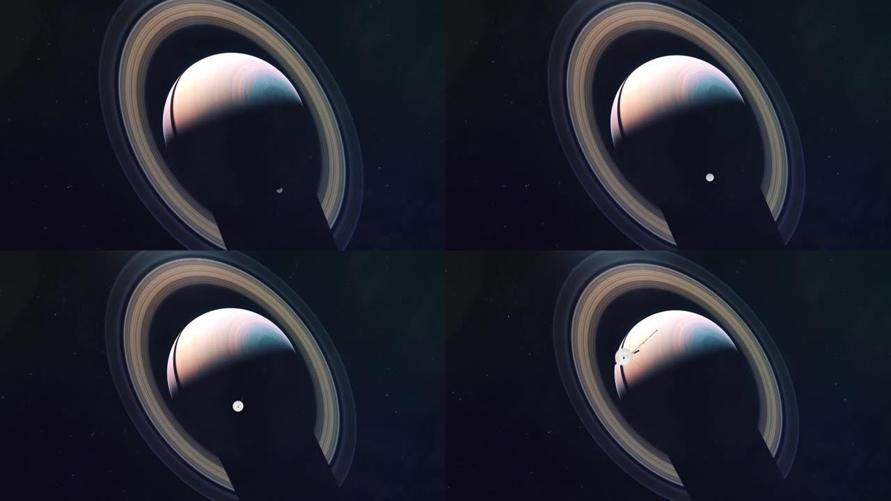 太空探测器和气体巨人土星3的逼真的建立镜头