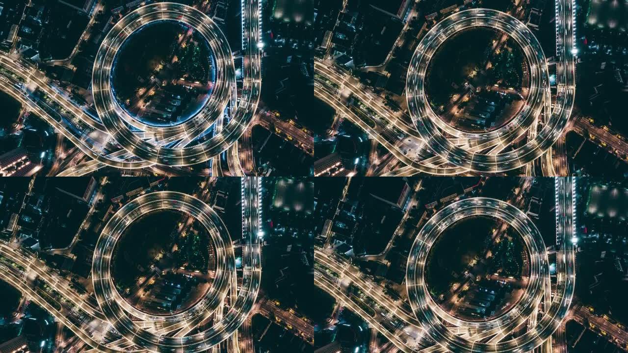 夜间立交桥与城市交通的T/L泛无人机视点