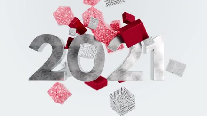 2021新年快乐季节问候动画有趣的卡片背景。明亮美丽的3d飞落礼品盒魔术除夕。时尚多彩节日背景庆祝派