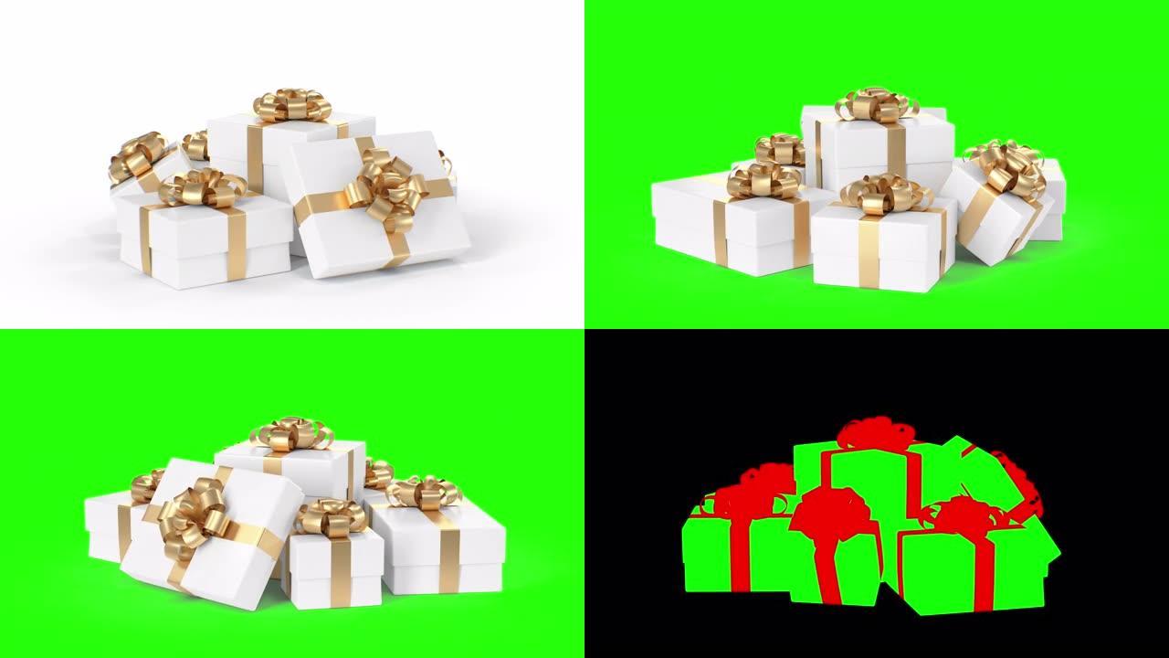 美丽的礼品盒堆叠在白色背景上旋转无缝。绿色屏幕上孤立的旋转呈现的循环3d动画。阿尔法面具。假日概念。