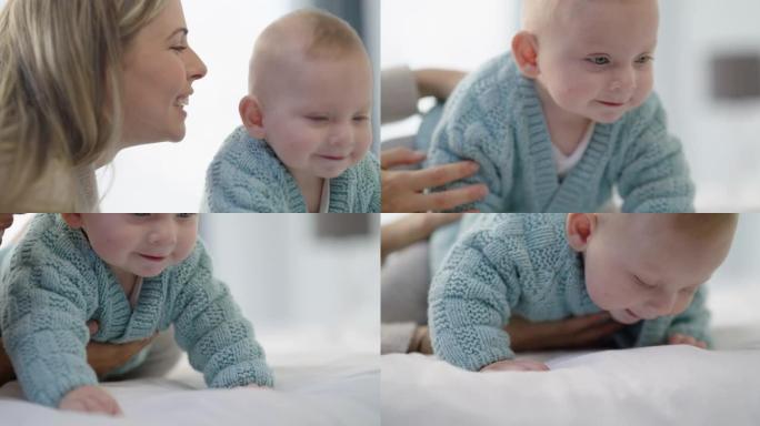 一个可爱的男婴在家床上的4k视频片段