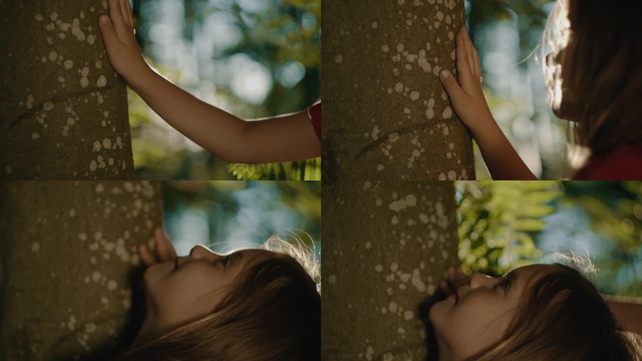 SLO MO小女孩在森林里摸一棵树