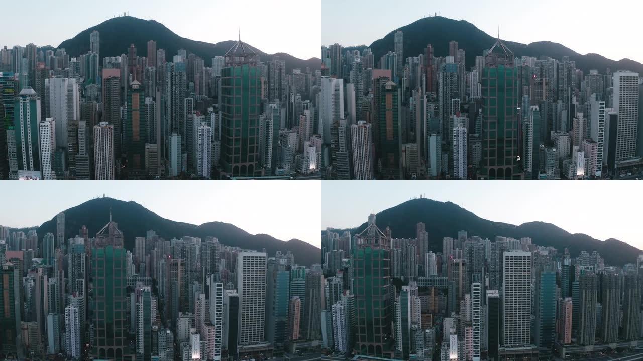 在维多利亚港飞行，城市景观，香港4k分辨率
