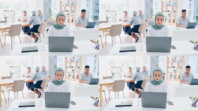 创意穆斯林妇女，笔记本电脑和网页设计在营销，广告或品牌启动在办公室。带有头巾的女性员工设计师在工作中