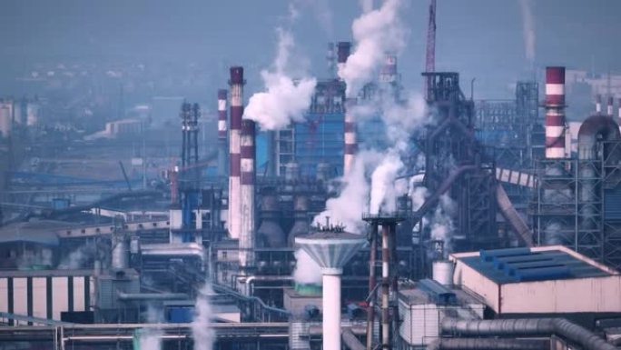 钢铁厂工业鸟瞰图烟囱污染废气排放高压电塔