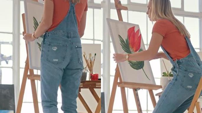 花卉画，行走的女艺术家和在油画上工作的人的工作室艺术。绘画，鲜花和创造力的女孩在工作坊中，用画笔和艺