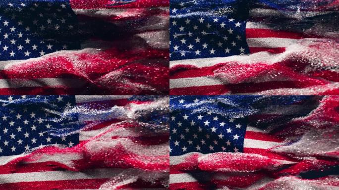 这张照片展示了由粒子构成的美国国旗。国旗是红、白、蓝三色的，上面的星星和条纹是由一个个细小的粒子组成