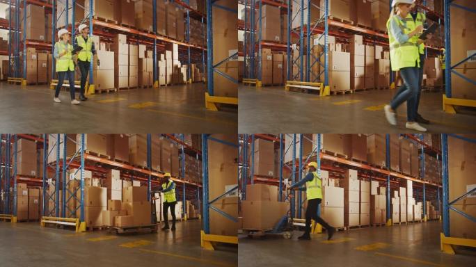 零售配送仓库里装满了纸箱里的货物，工人扫描和分类包裹，用托盘车和叉车移动库存。产品分销和交付物流。