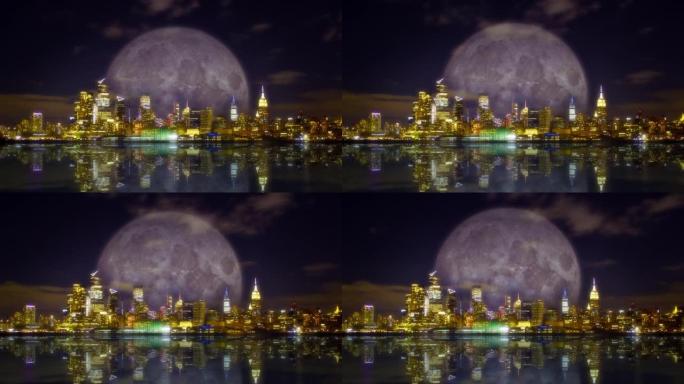 曼哈顿中城的美术视频。月亮升起。