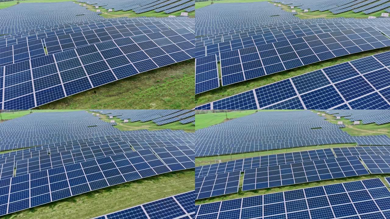 在农村太阳能农场上平移无人机的观点一排排太阳能电池板