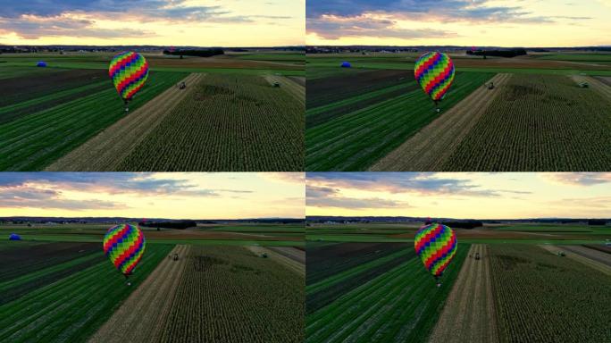 无人机的观点五彩热气球降落在农村地区