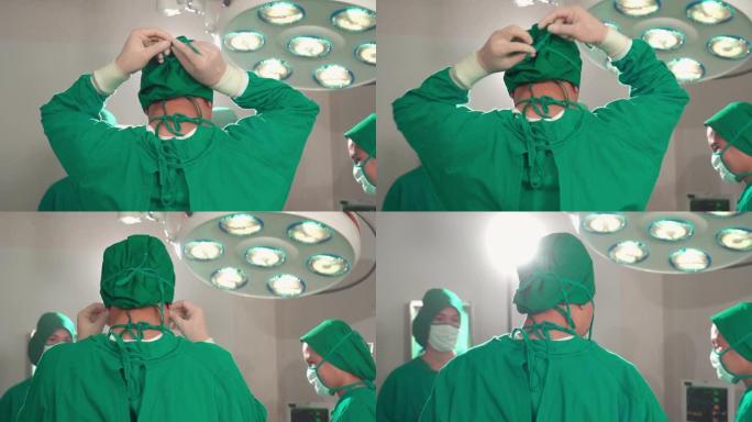 外科医生佩戴外科口罩并准备在手术室进行手术