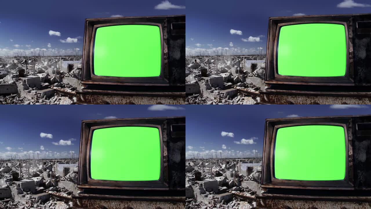鬼城绿屏老式电视。放大。4k分辨率。