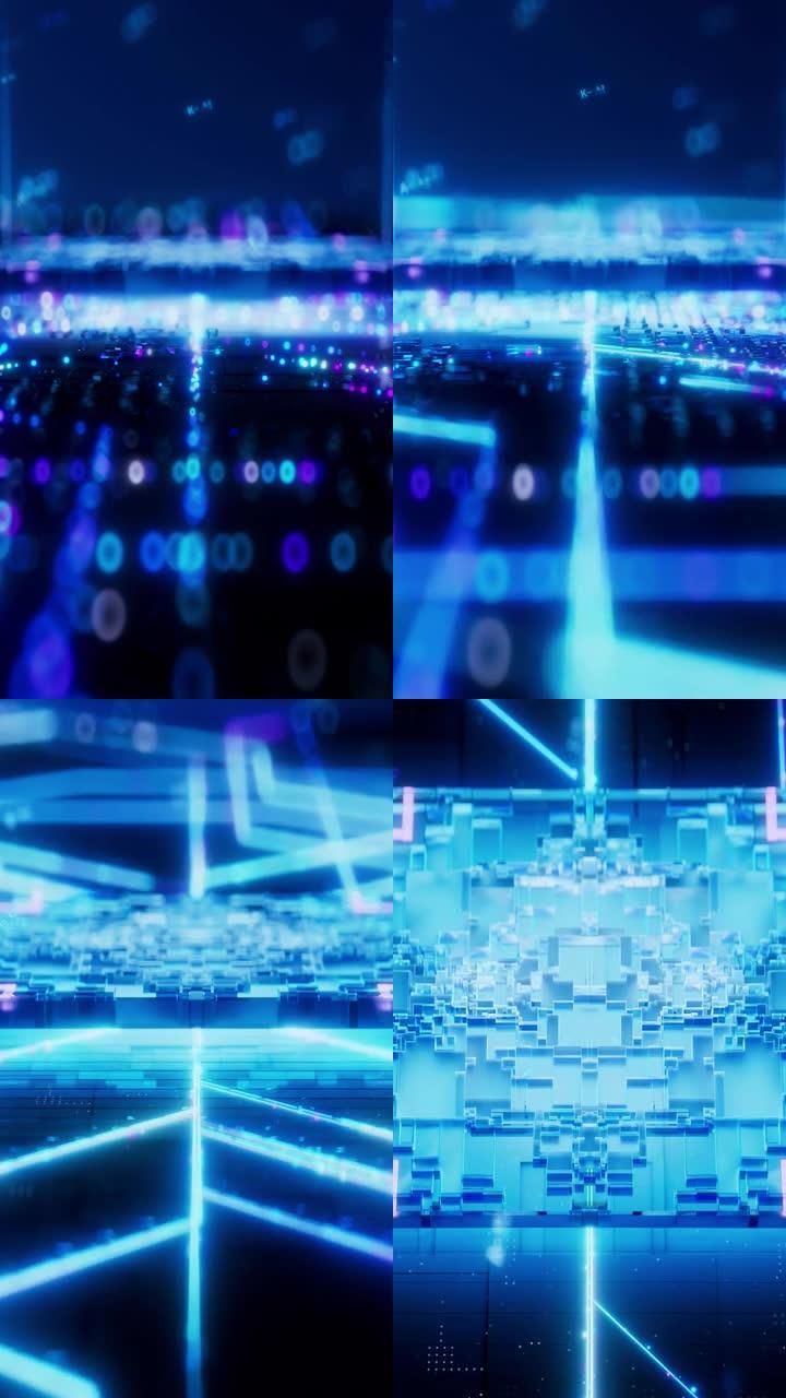 中央处理器在黑暗背景中以明亮的霓虹蓝色特写镜头。霓虹灯蓝色电路板的未来计算机概念