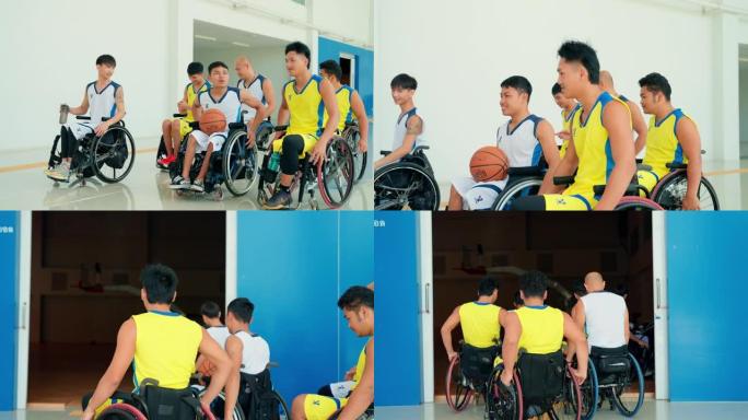 坐在轮椅上的篮球运动员和他的队友在运动场上。