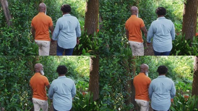 非洲裔美国老年夫妇手牵着手在花园里散步的后视图
