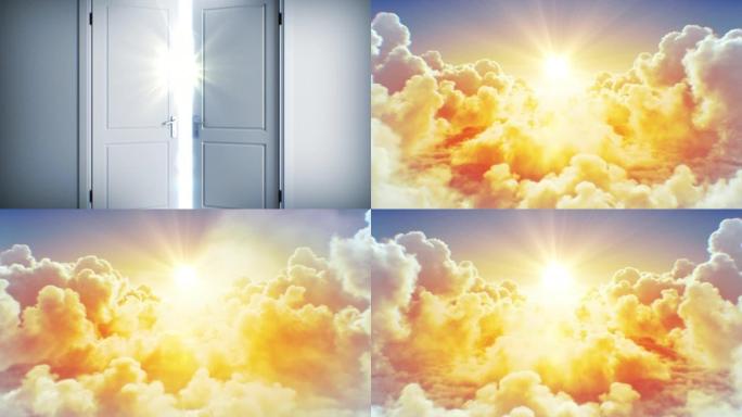 门开着明亮的光线通向天堂。灵魂移动到天堂3d动画。通往上帝的方式宗教生活概念。