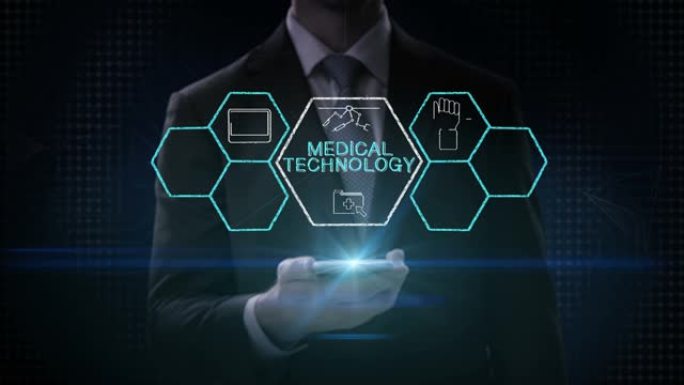 商人滑动触摸智能手机，“医疗技术” 和各种未来医疗技术图标在六角形，4k动画。