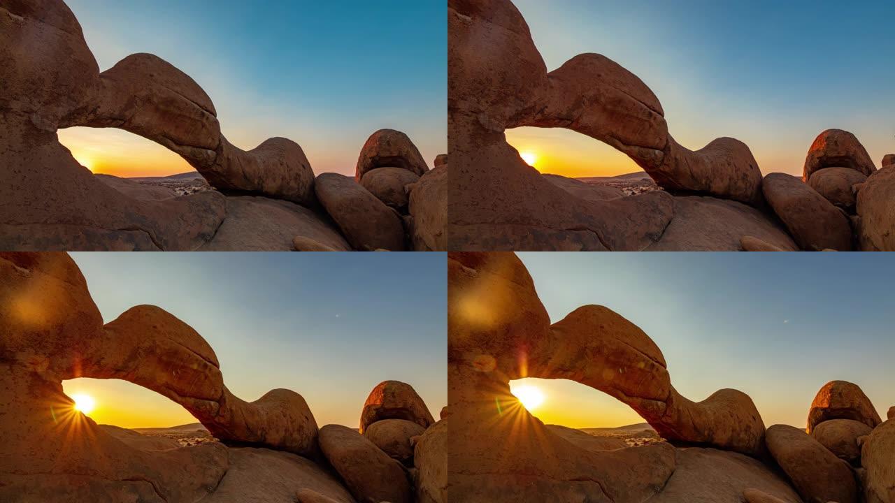 MS Time lapse日出在非洲纳米比亚的沙漠岩层上