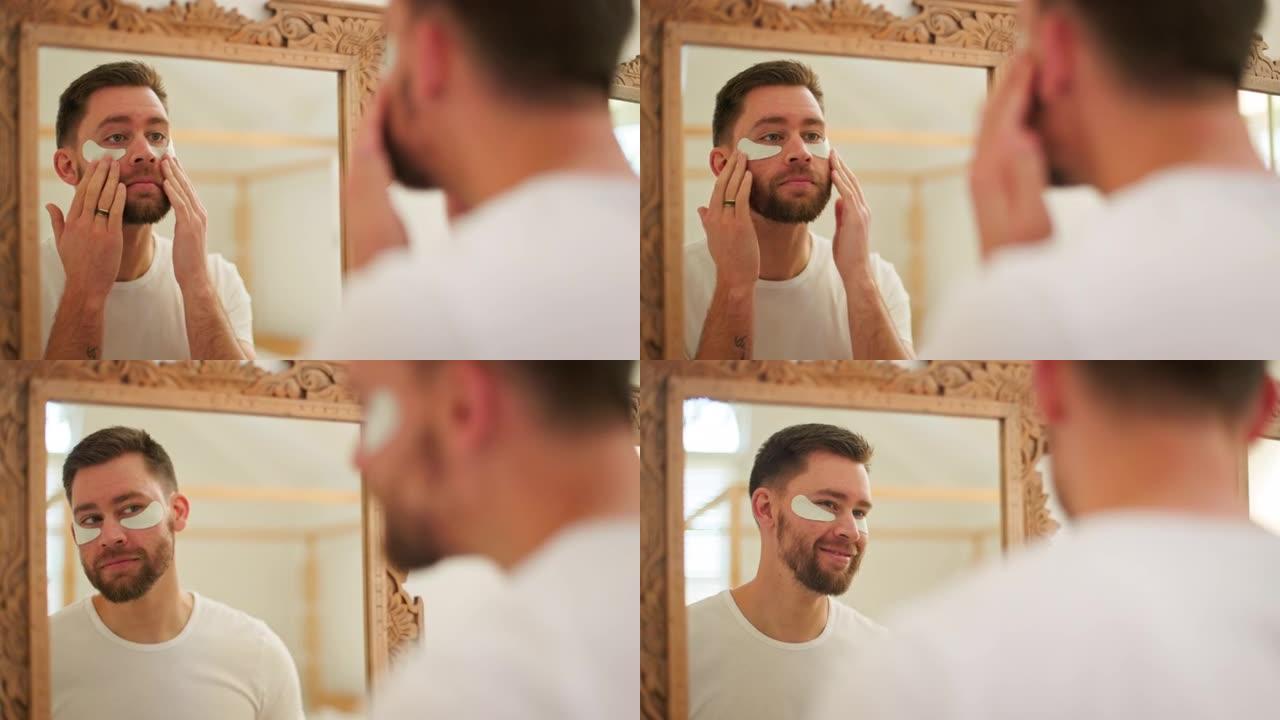护肤品、镜子和带眼罩的人，用于抗衰老皮肤病学、家庭保健和美容自我护理。健康、浴室反射和面部胶原蛋白产