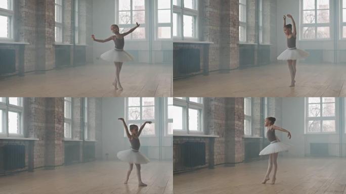小芭蕾舞演员在工作室里跳旋转舞