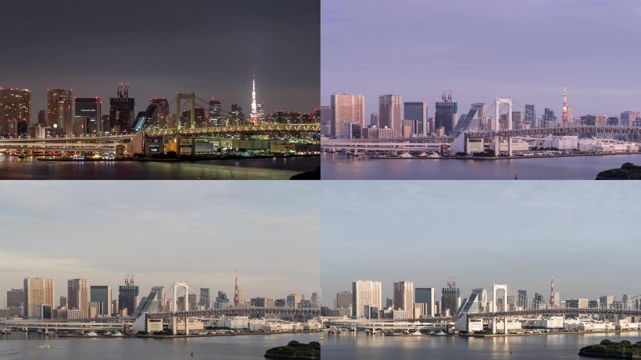 4K UHD日夜延时缩小: 彩虹桥鸟瞰图与东京塔和日本东京市中心城市景观。