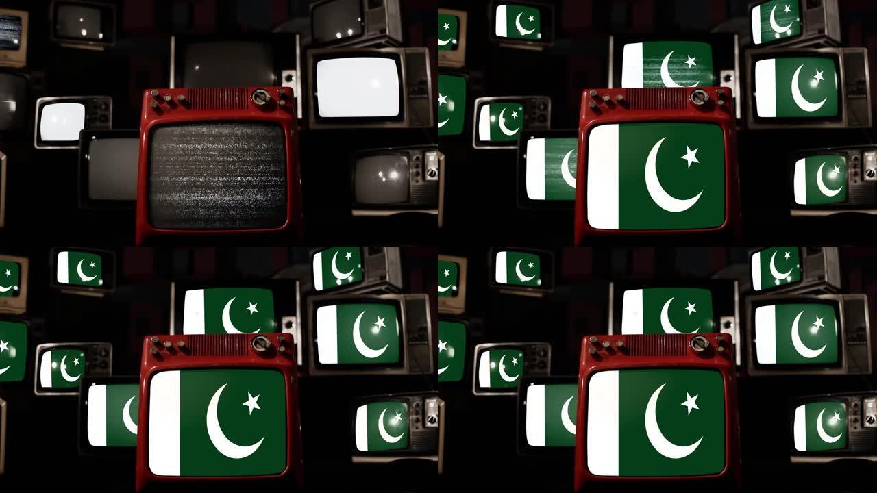 巴基斯坦国旗和老式电视。4k分辨率。
