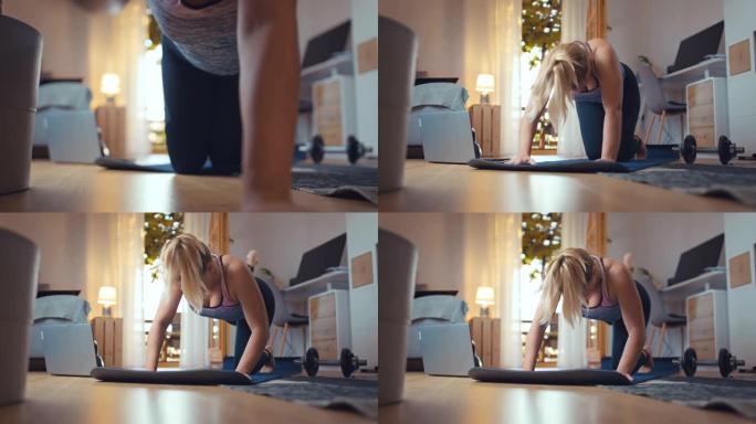 WS中年妇女录制自己在家锻炼的视频