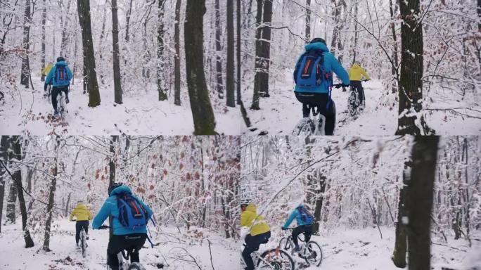 夫妇在白雪皑皑的小径上骑电动自行车