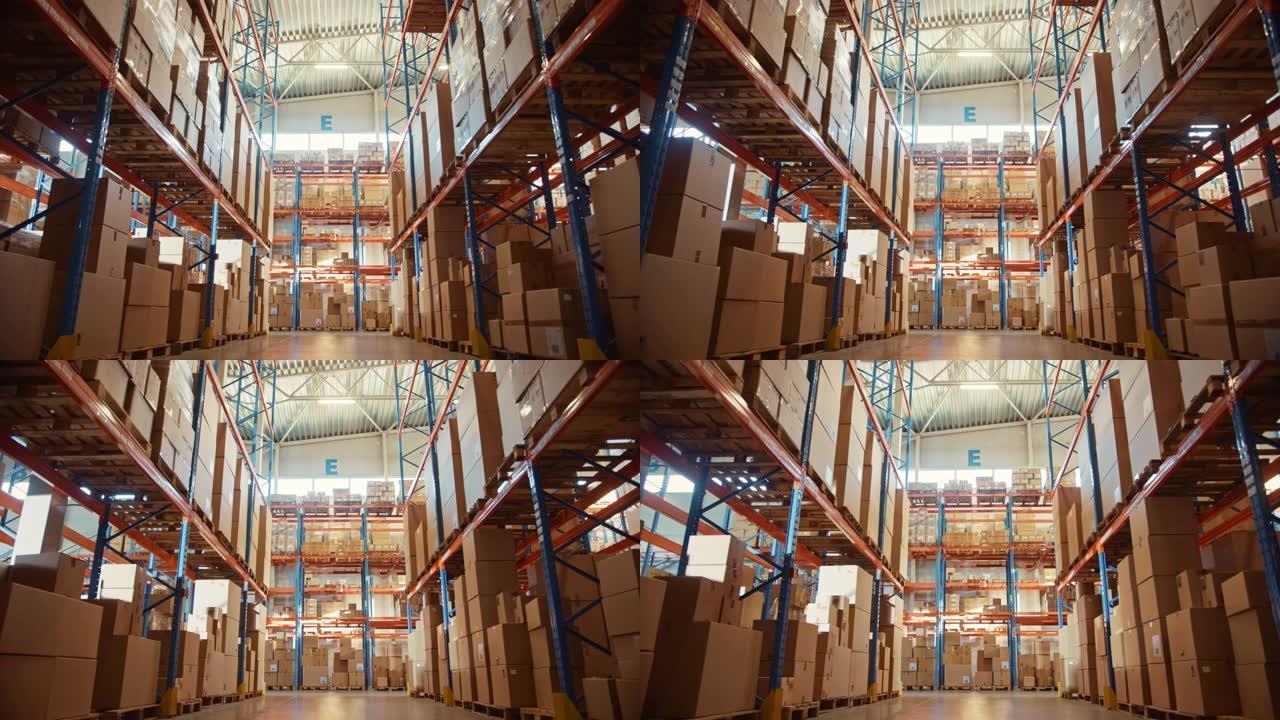大型零售仓库，货架上摆满了纸箱和包装中的货物。物流、分拣和分销设施，用于产品交付。低移动之间的架子之
