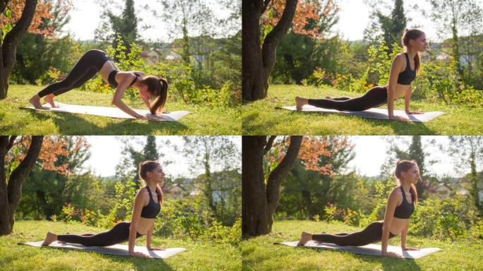 开朗的年轻女子保持体形，在后院户外锻炼，练习瑜伽