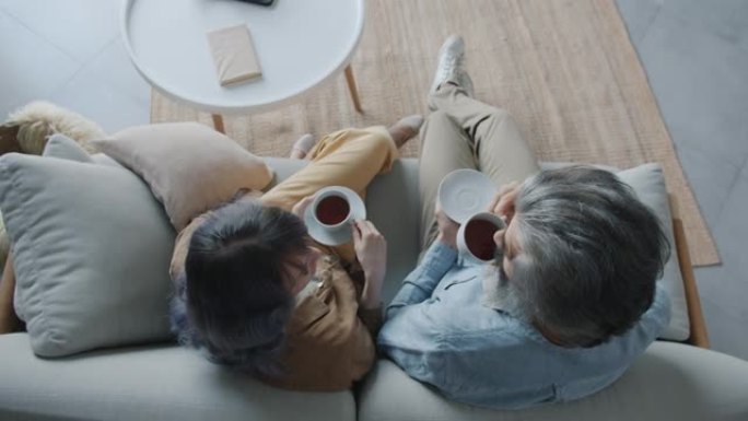 男人和女人喝茶和坐在家里的沙发上聊天的俯角视图