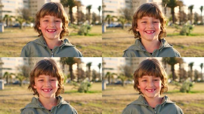 自然公园里的孩子、脸和微笑为自由而旅行度假为幸福和放松和平。年轻的孩子，笑的肖像和有趣的笑话户外夏天