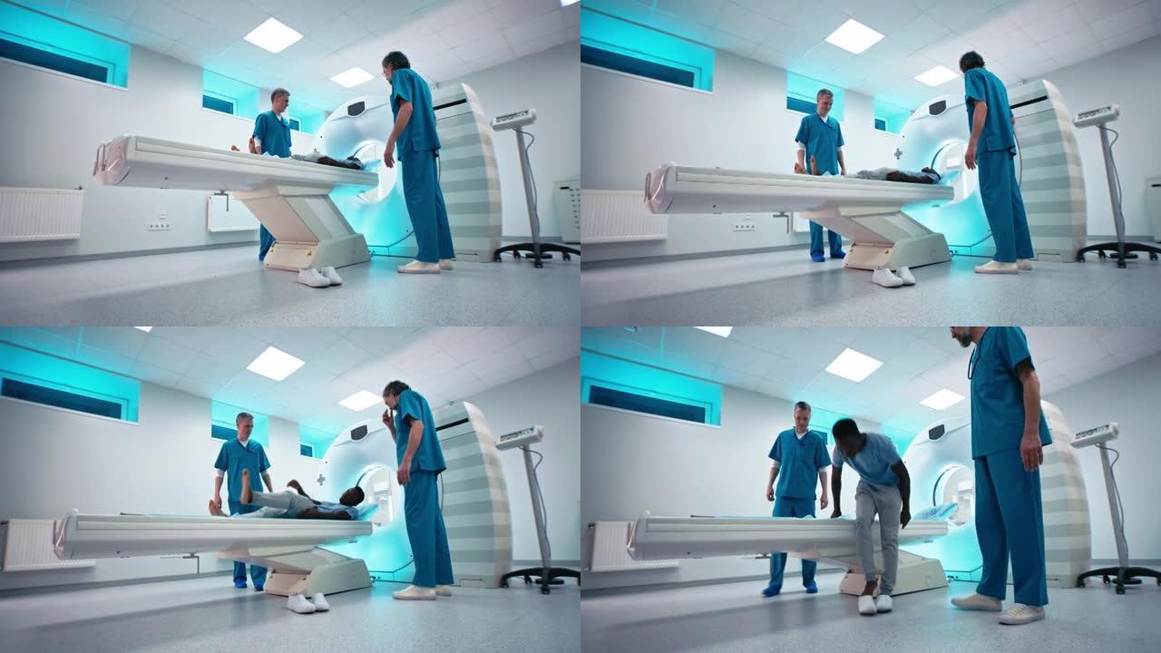 男性医生在ct扫描后护送非裔美国患者