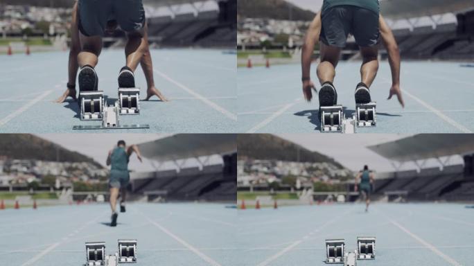 一名男运动员从起跑位置逃跑的4k录像