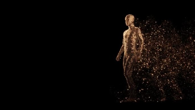 金色多边形人体全息图由黑色背景上行走的金色金属三角形组成，留下一丝金色粒子
