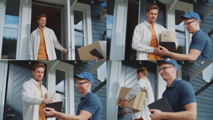 一个年轻有魅力的收件人打开一扇门给邮递员带来一个包裹箱的肖像。邮政服务人员来家里送货，并在平板电脑上