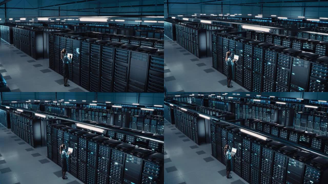 动画概念: 大数据中心女性首席技术官使用笔记本电脑站在仓库中，激活服务器，信息数字化开始。SAAS、
